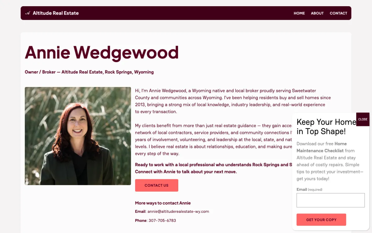 Altitude Real Estate agent page for Annie Wedgewood, owner and broker, with photo, bio and contact button